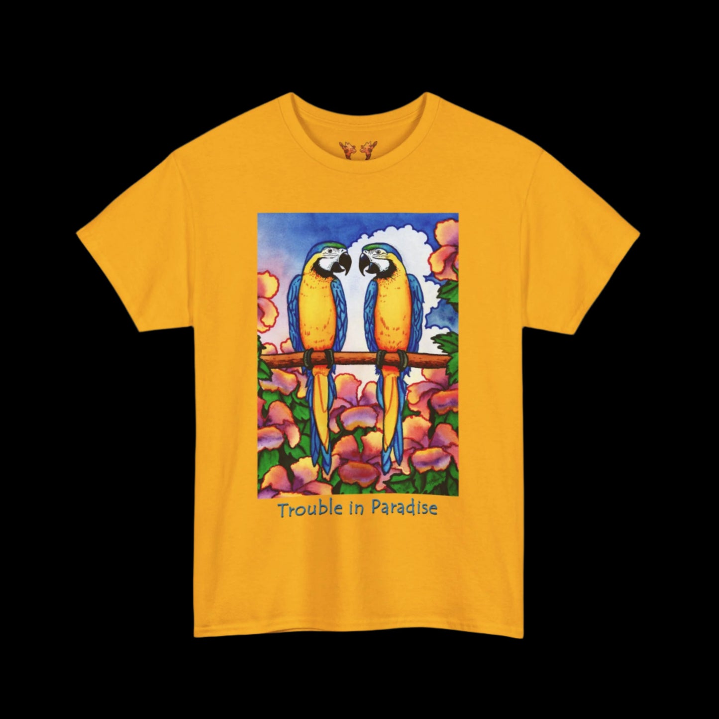 Blue macaws on gold t-shirt