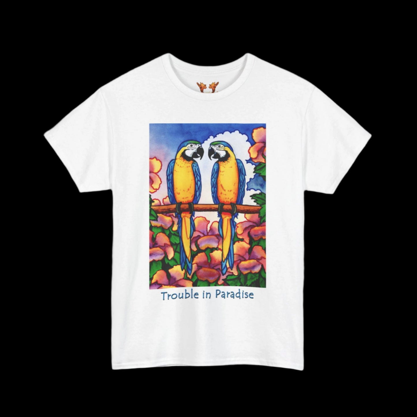 Blue Macaws on white t-shirt