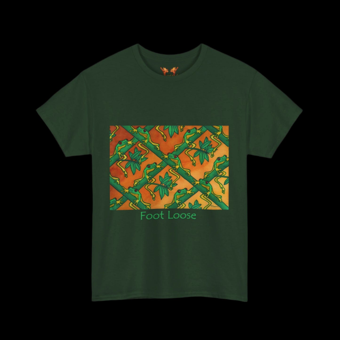 Tree frogs on forest green t-shirt