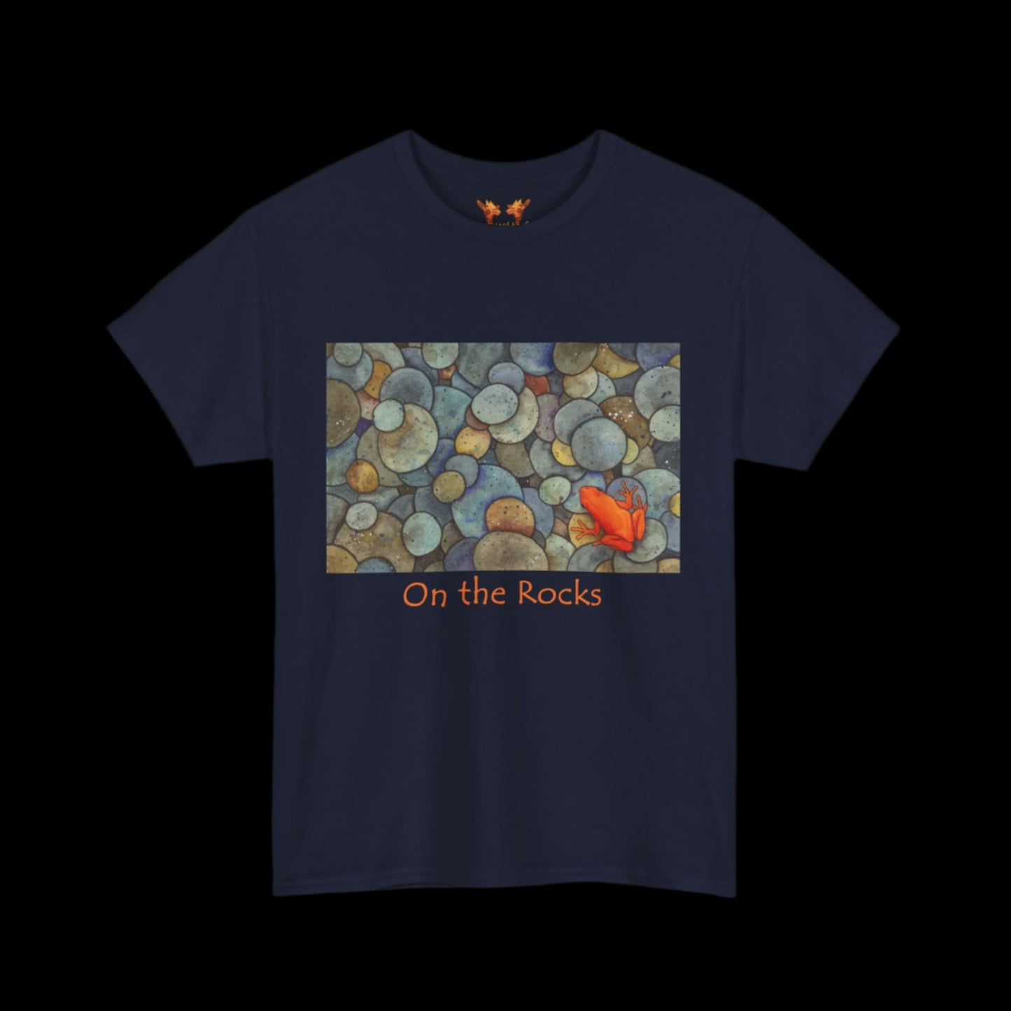 Orange frog on navy t-shirt