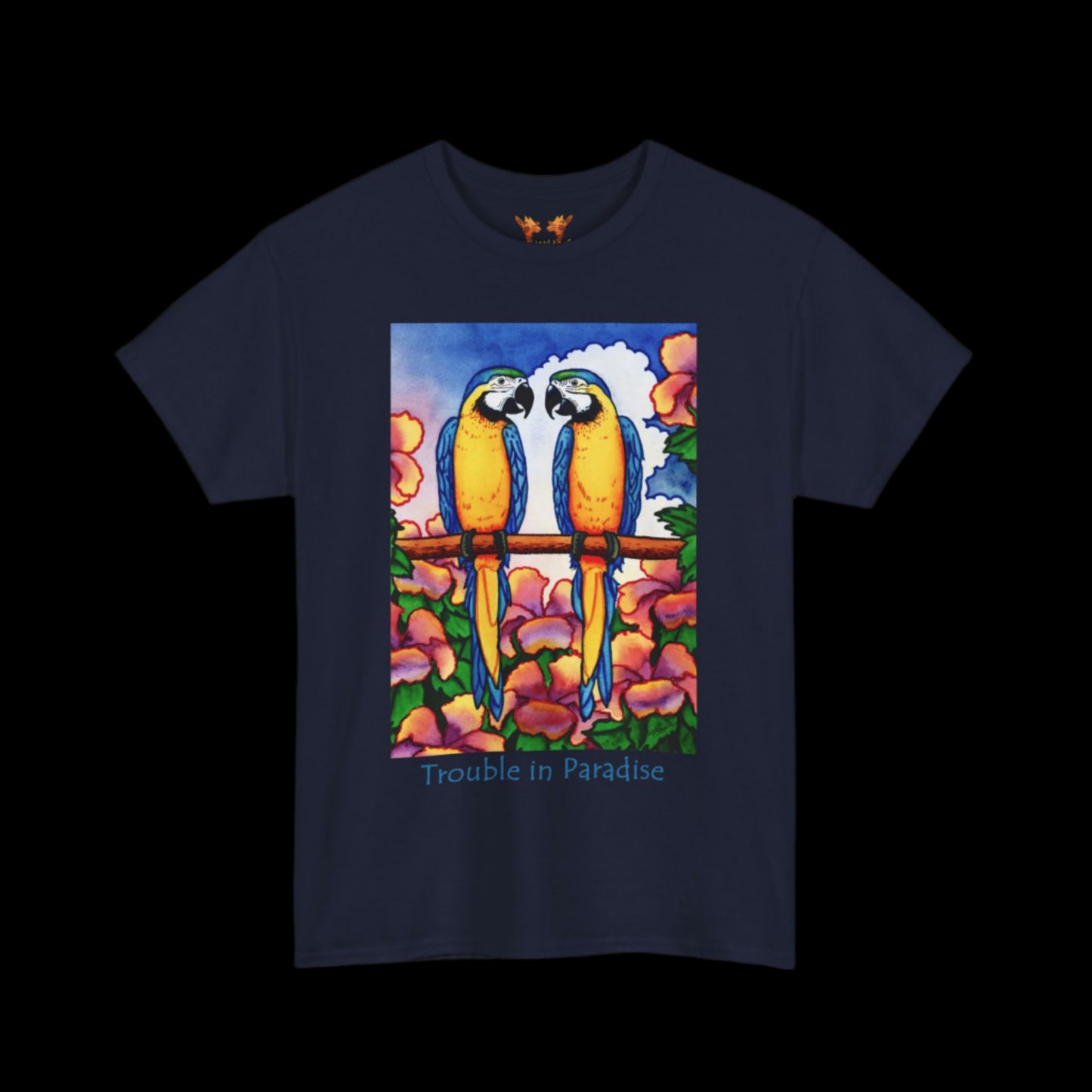 Blue macaws on navy t-shirt
