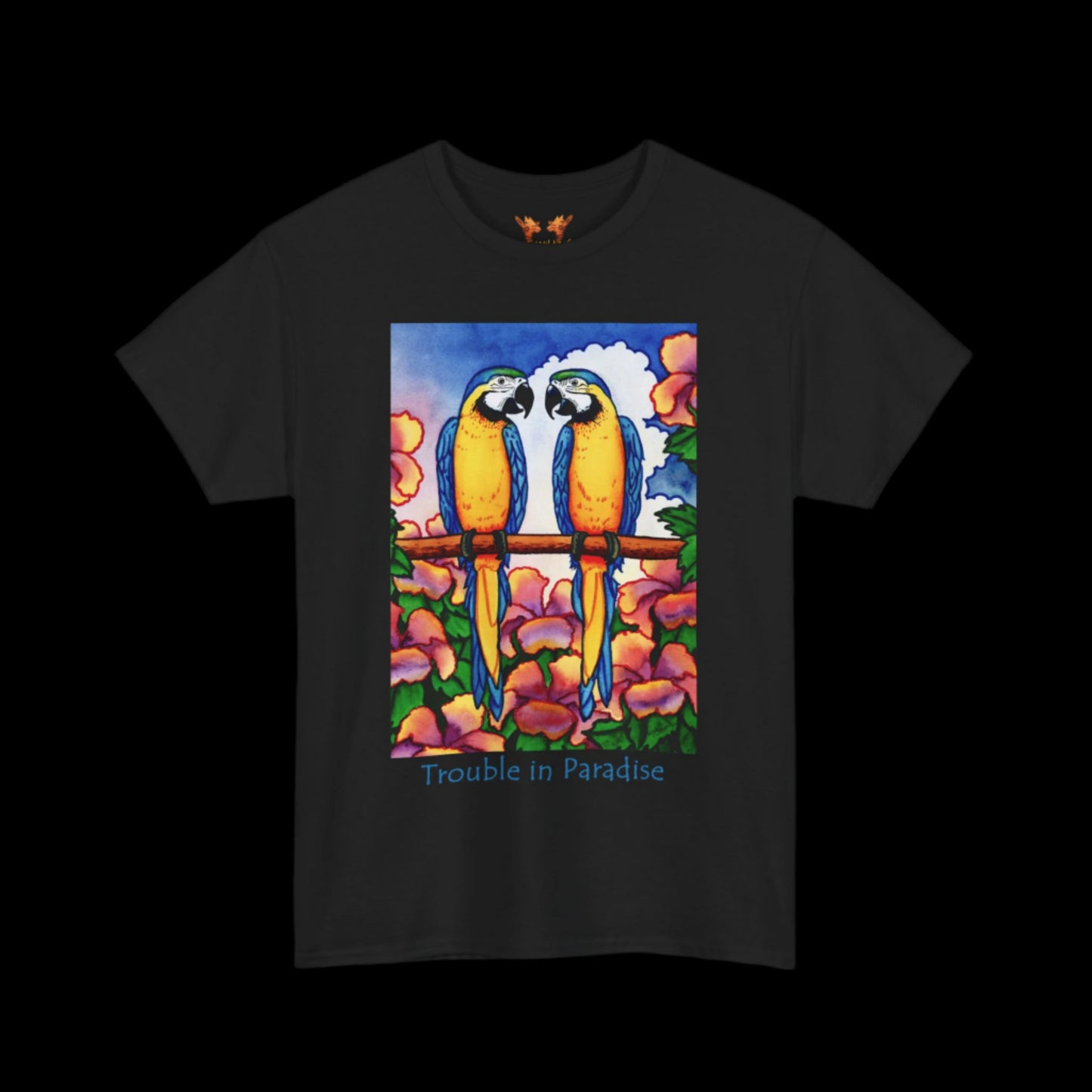 Blue Macaws on black t-shirt