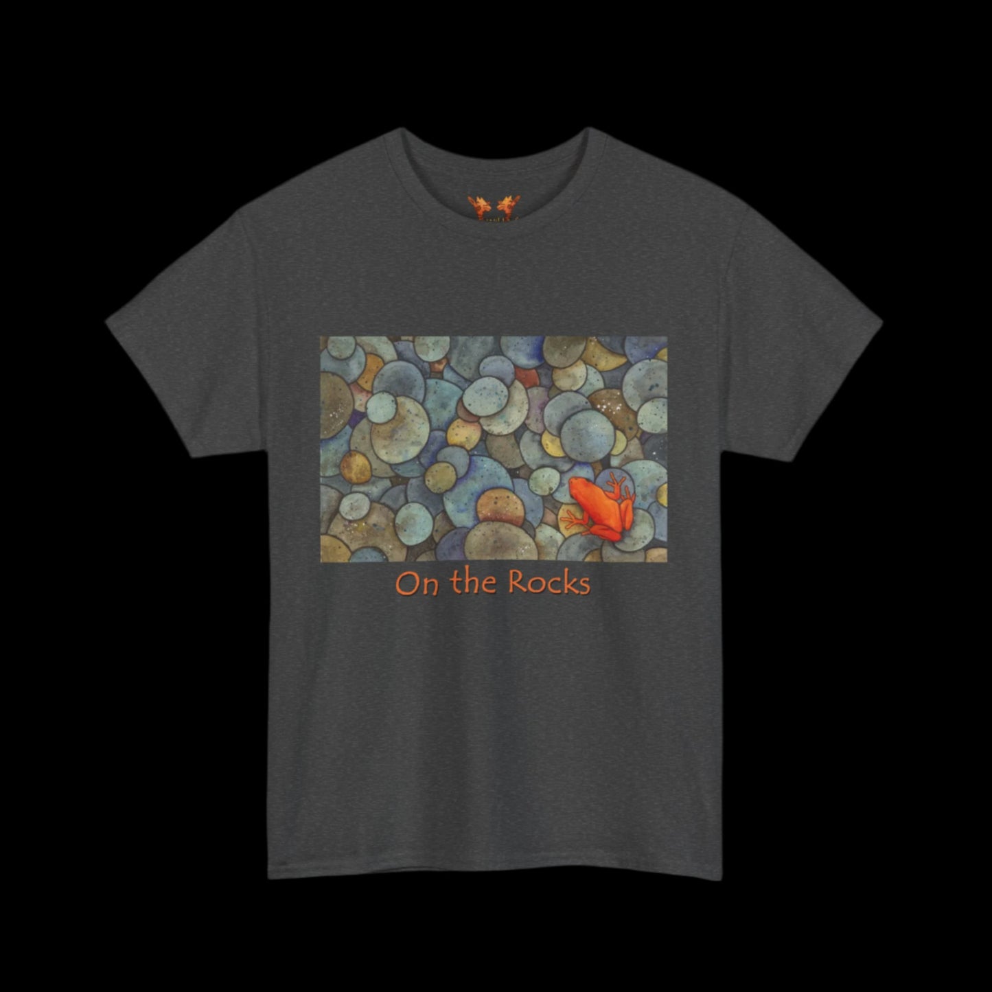 Orange frog on dark heather t-shirt