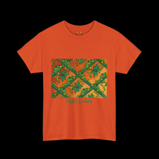 Tree frogs on orange t-shirt