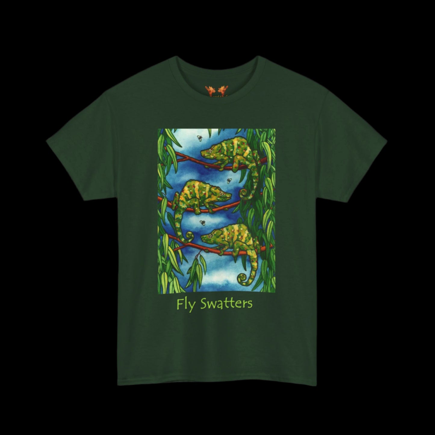Chameleons on a forest green t-shirt
