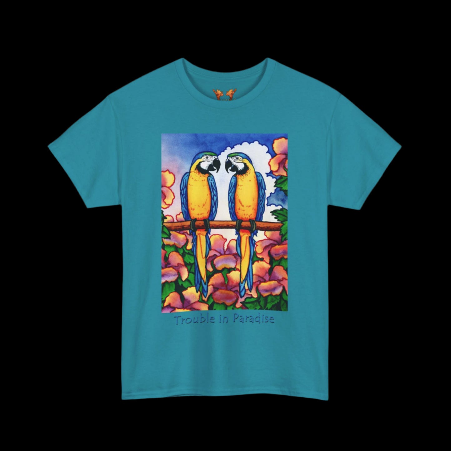 Blue macaws on tropical blue t-shirt