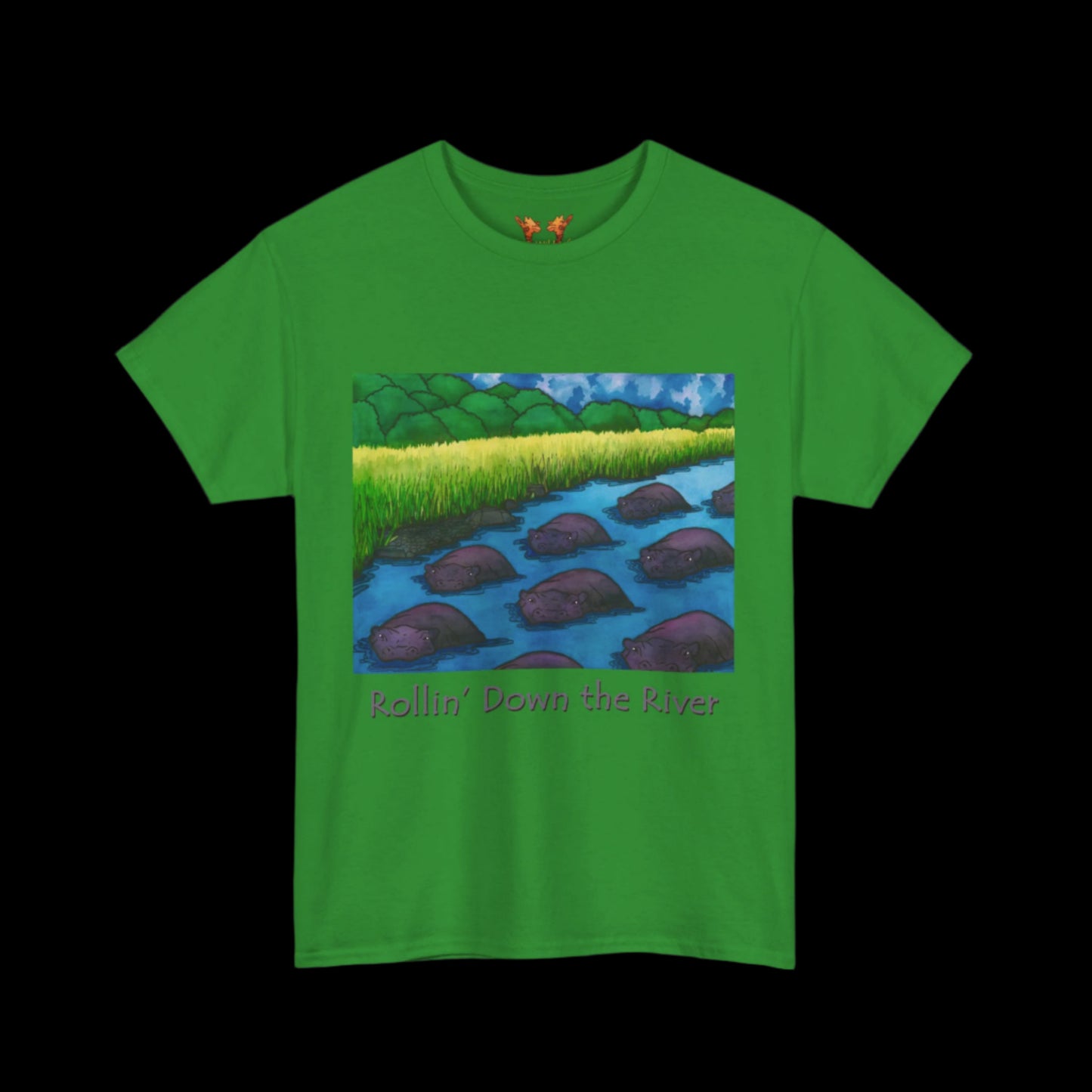 Hippos on a green t-shirt