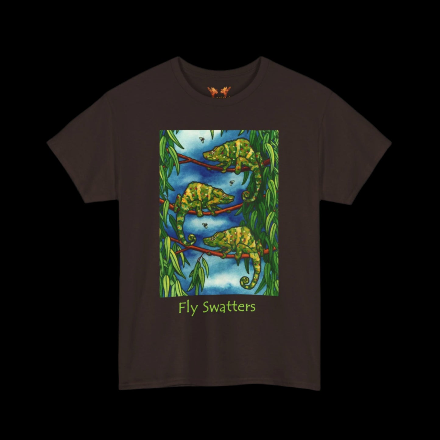 Chameleons on chocolate brown t-shirt
