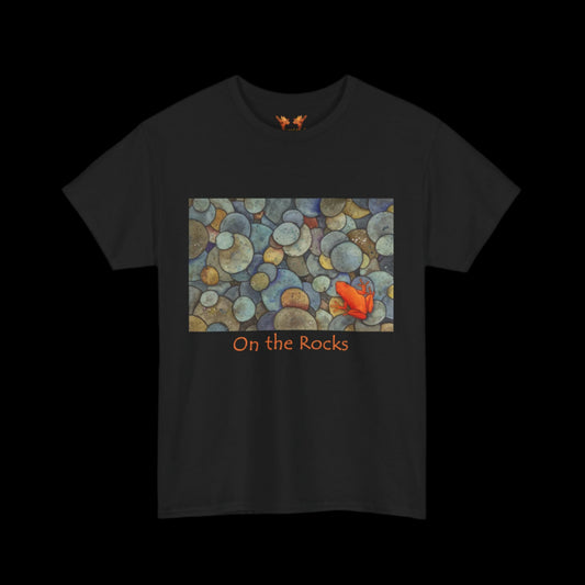 Orange frog on black t-shirt