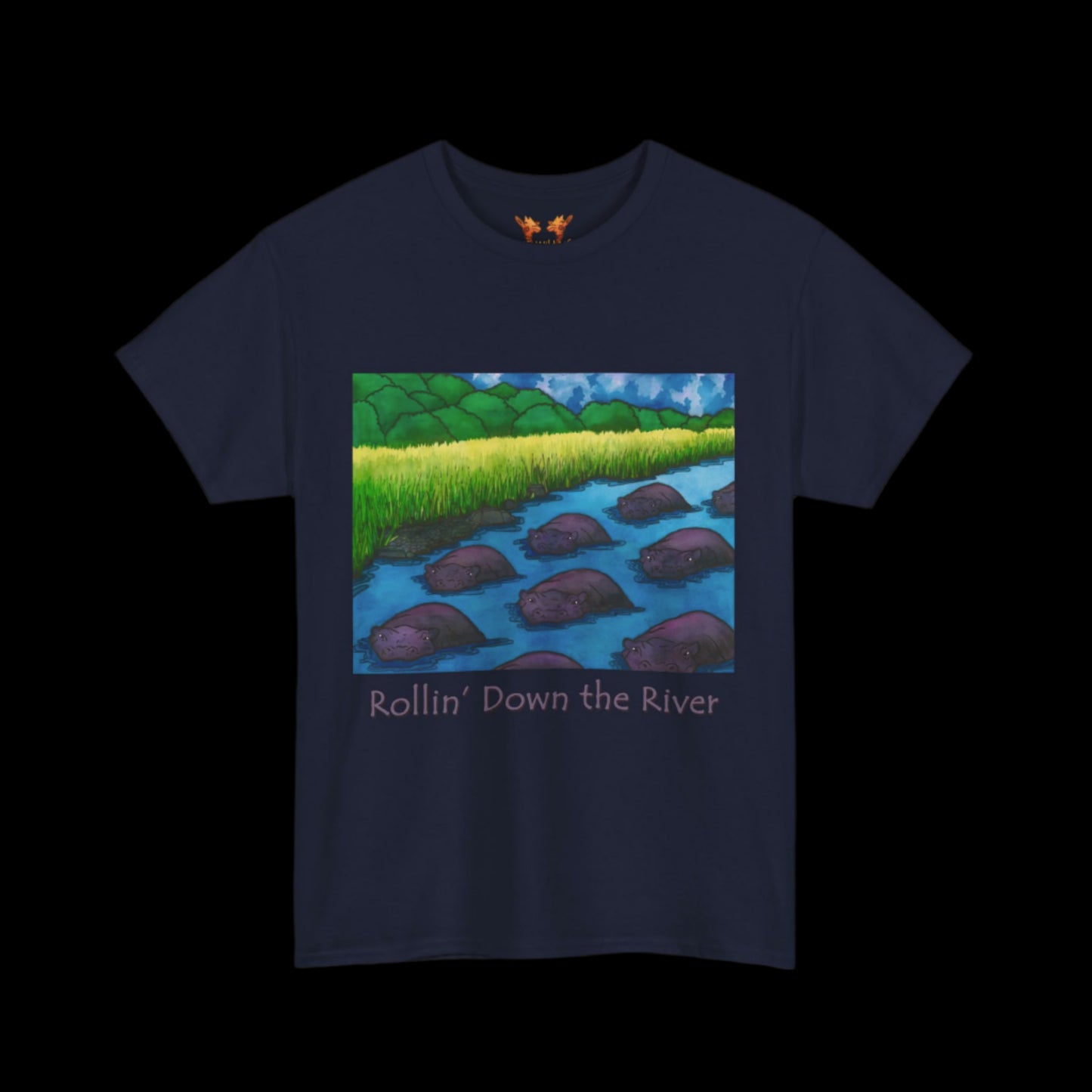 Hippos on a navy t-shirt