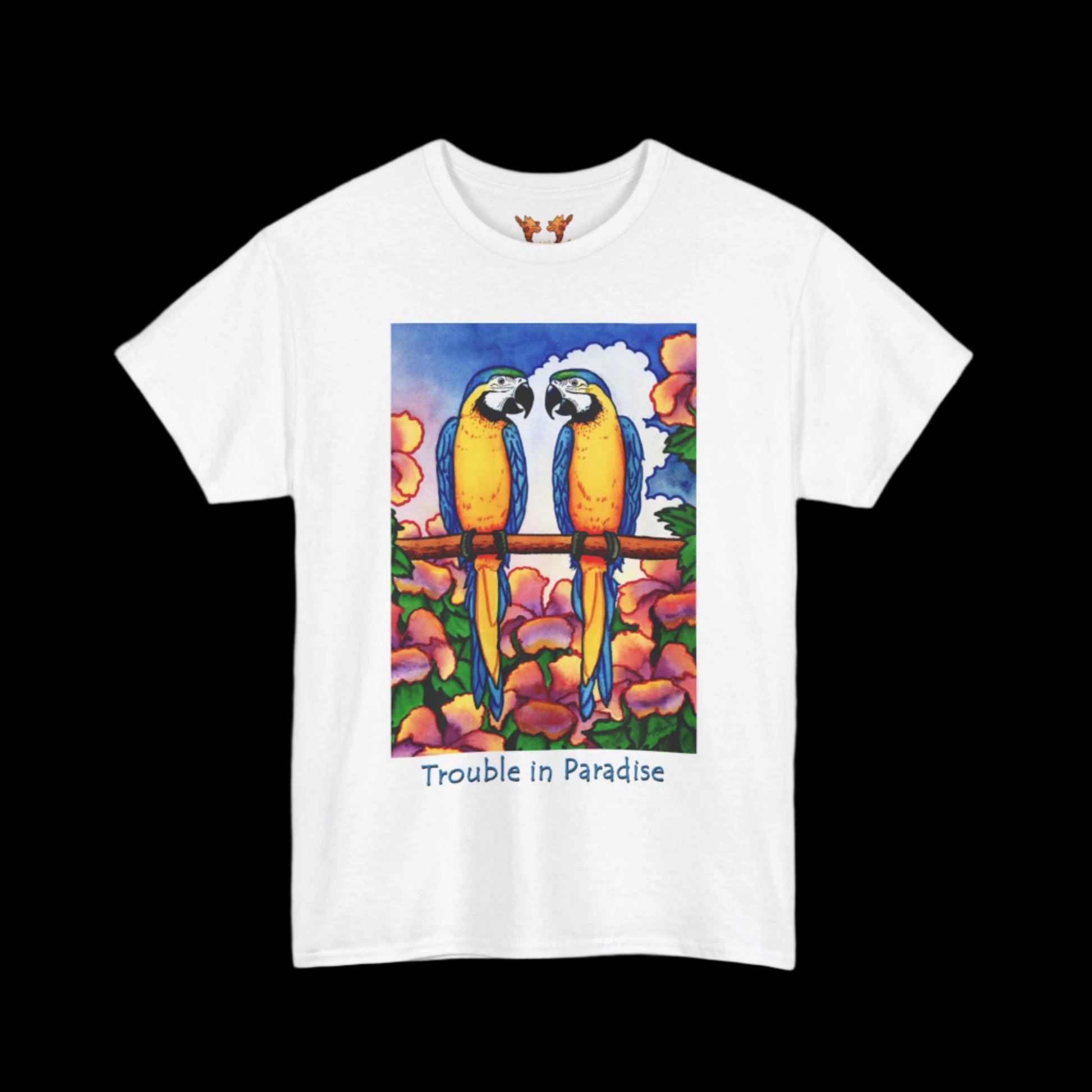 Blue Macaws on white t-shirt