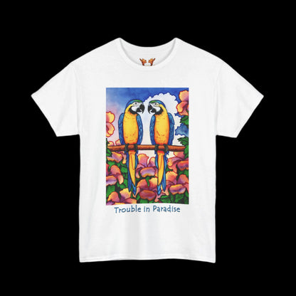 Blue Macaws on white t-shirt
