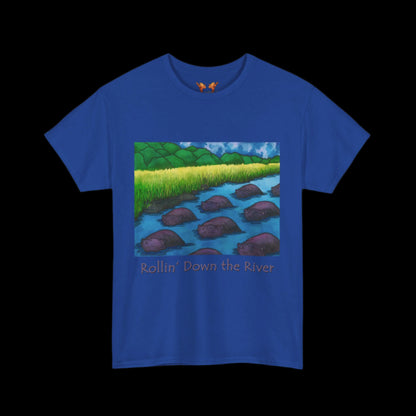 Hippos on a blue t-shirt