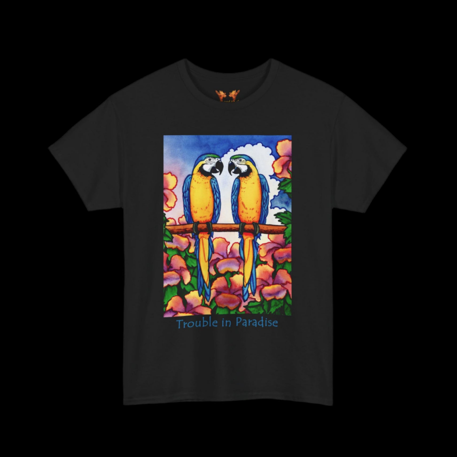 Blue Macaws on black t-shirt