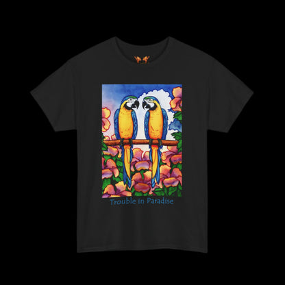 Blue Macaws on black t-shirt