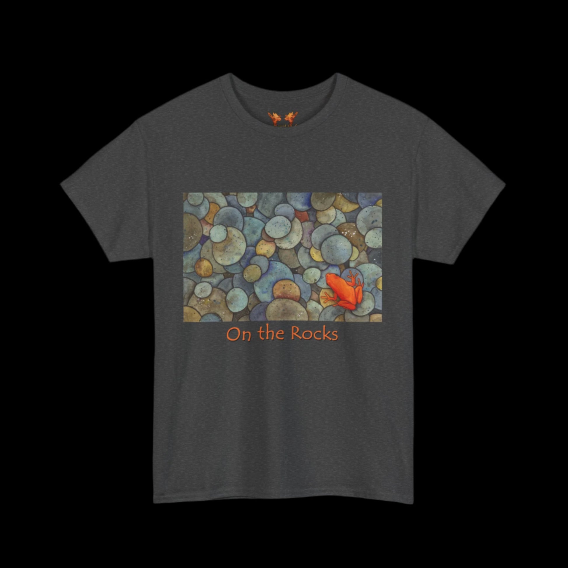 Orange frog on dark heather t-shirt