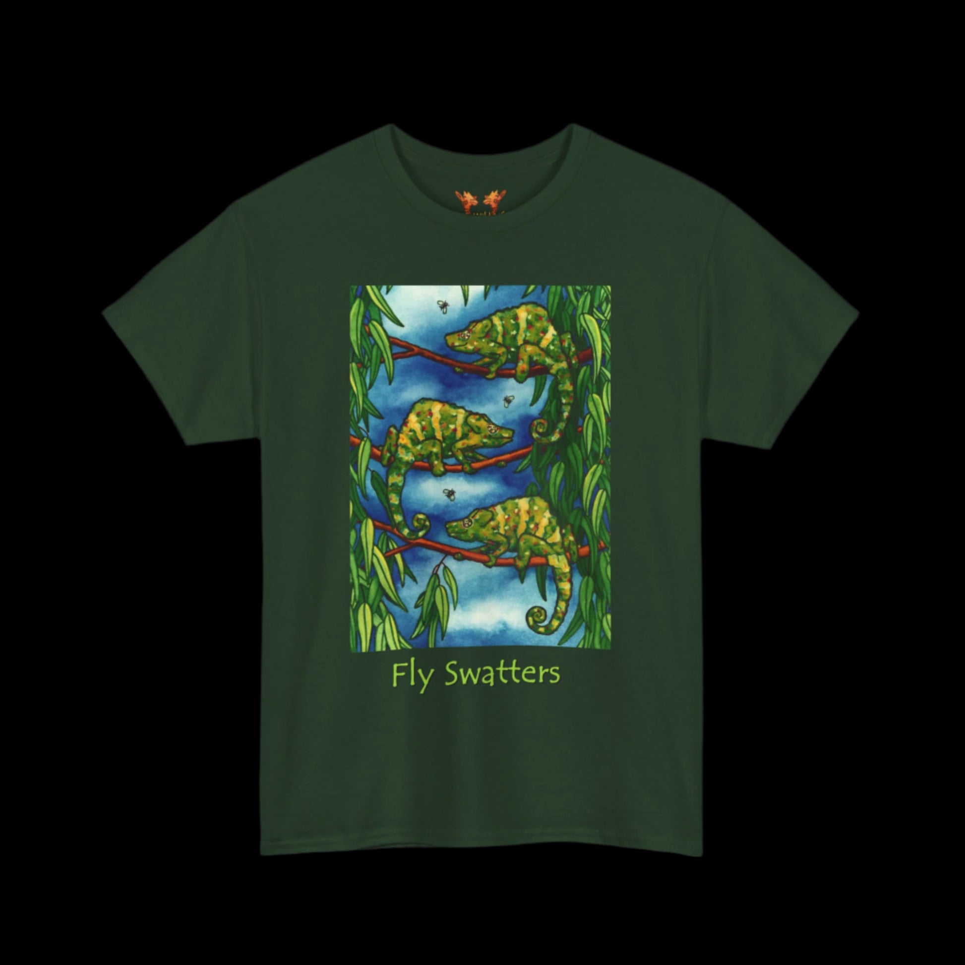 Chameleons on a forest green t-shirt
