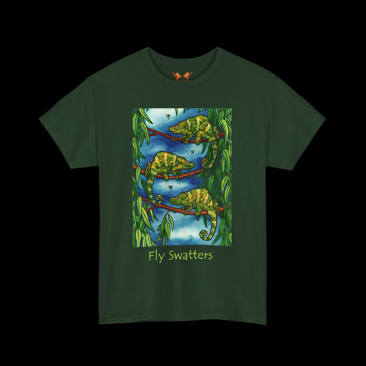 Chameleons on a forest green t-shirt