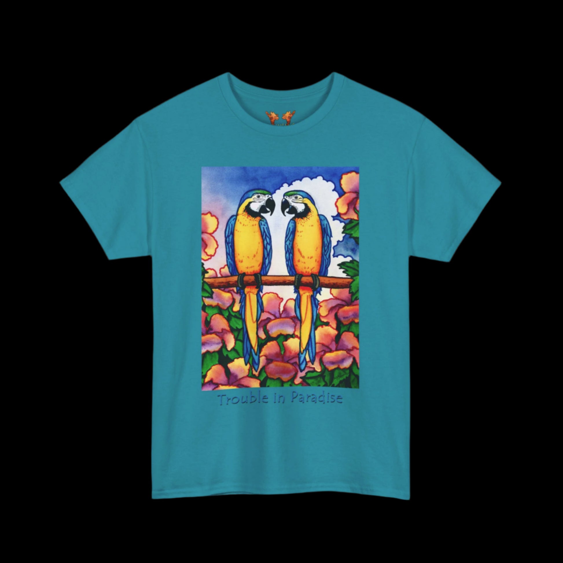 Blue macaws on tropical blue t-shirt