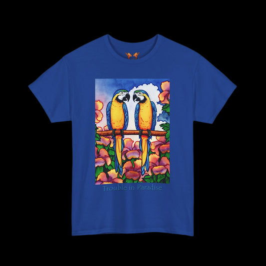 Blue Macaws on blue t-shirt